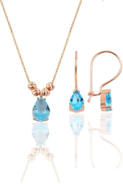 Gümüş rose akuamarin renkli dorica damla kolye ve çengelli küpe seti  SGTL11417MAVI