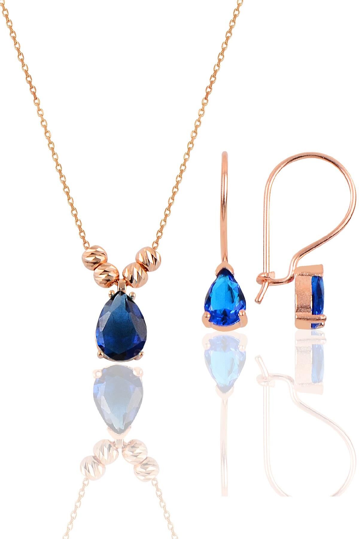 Gümüş rose safir renkli dorica damla kolye ve çengelli küpe seti  SGTL11417LACIVERT