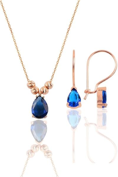 Gümüş rose safir renkli dorica damla kolye ve çengelli küpe seti  SGTL11417LACIVERT