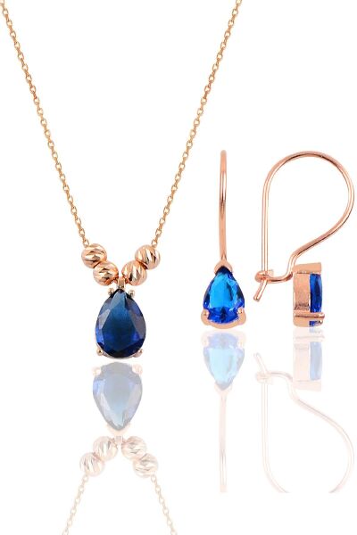 Gümüş rose safir renkli dorica damla kolye ve çengelli küpe seti  SGTL11417LACIVERT