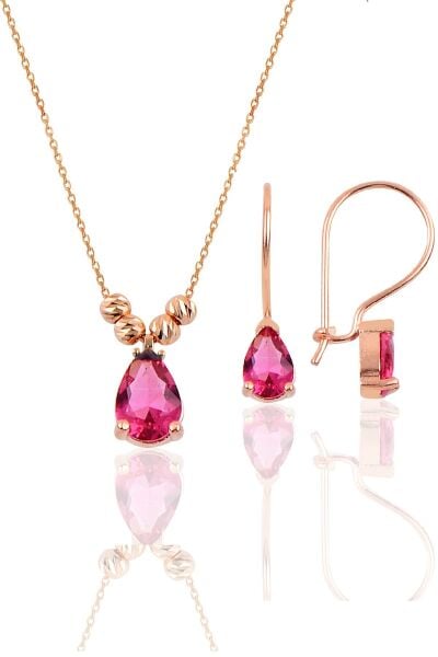 Gümüş rose yakut  renkli dorica damla kolye ve çengelli küpe seti  SGTL11417KIRMIZI