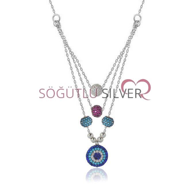 üç zincirli nazarlı firuze taşlı kolye SGTL4423