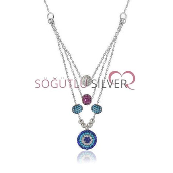 üç zincirli nazarlı firuze taşlı kolye SGTL4423