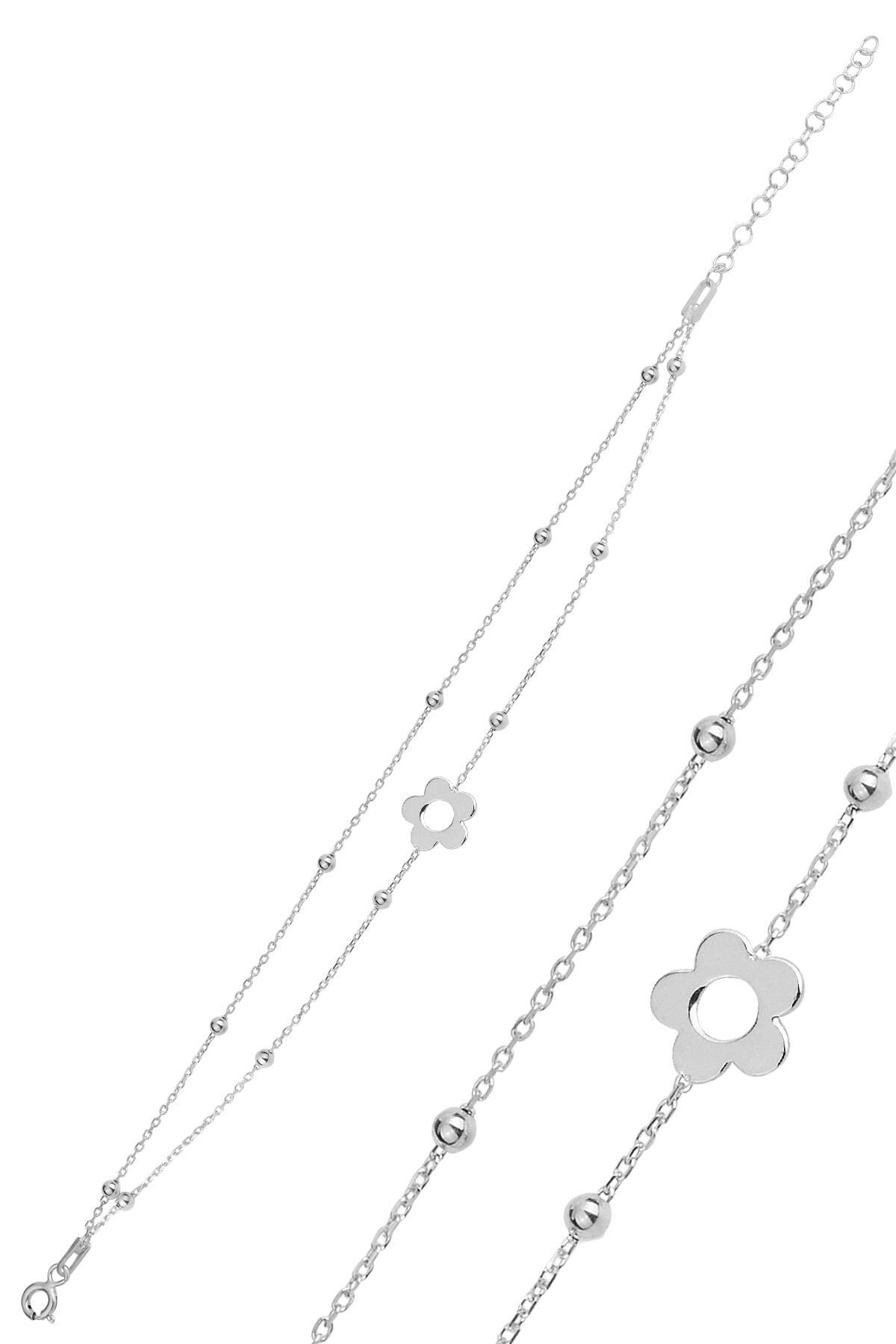 Gümüş rodaj top top çift zincirli çiçek bileklik SGTL12278RODAJ