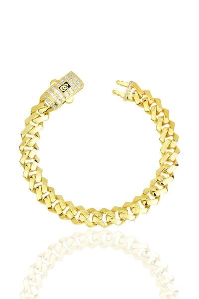 Gümüş altın yaldızlı çift sıra baget kesim zirkon taşlı özel kilit milano gurmet zincir bileklik SGTL12405GOLD