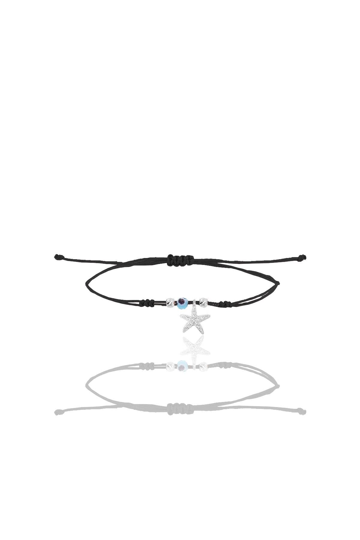 Gümüş rodyumlu zirkon taşlı nazarlı deniz yıldızı siyah ipli şans bileklik SGTL12459RODAJ