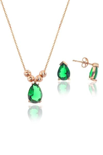 Gümüş rose kök zümrüt taşlı  dorica damla kolye ve çivi modeli küpe seti  SGTL11416YESIL