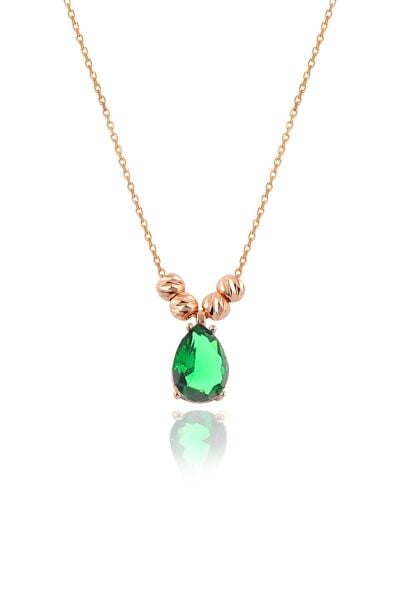 Gümüş rose kök zümrüt taşlı  dorica damla kolye ve çivi modeli küpe seti  SGTL11416YESIL