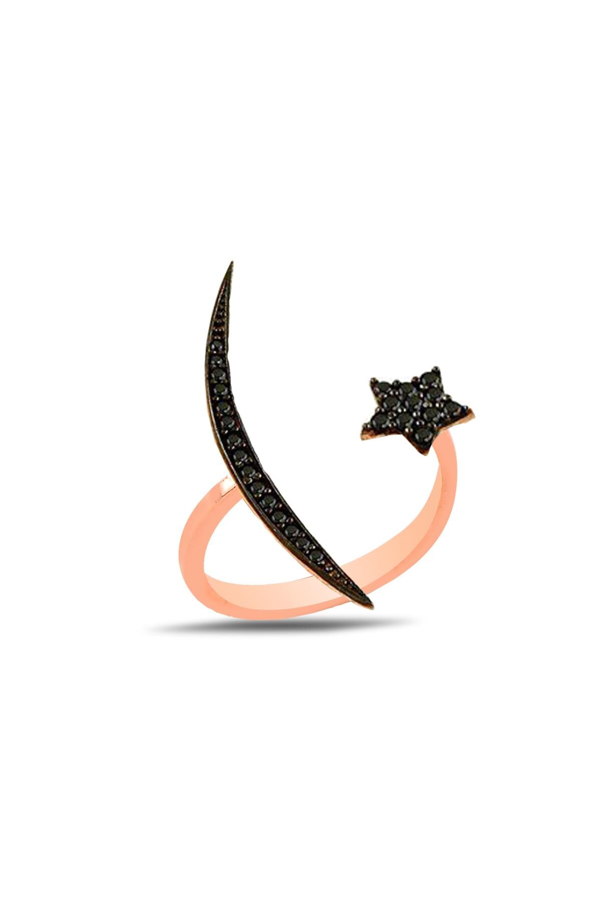 Gümüş rose siyah taşlı üstten ayarlamalı ay yıldız yüzük SGTL11764SIYAH