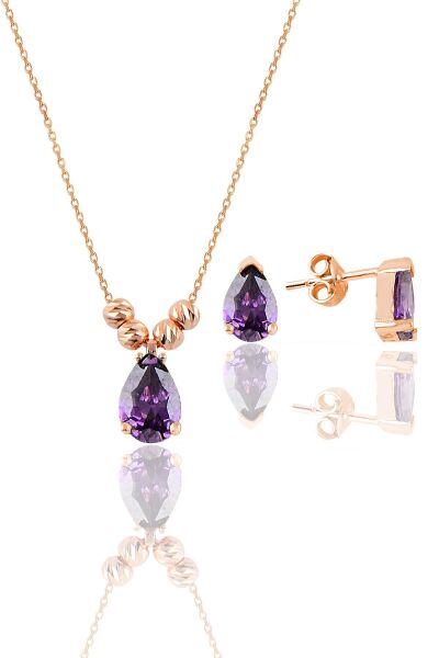 Gümüş rose ametis renkli dorica damla kolye ve çivi modeli küpe seti  SGTL11416MOR