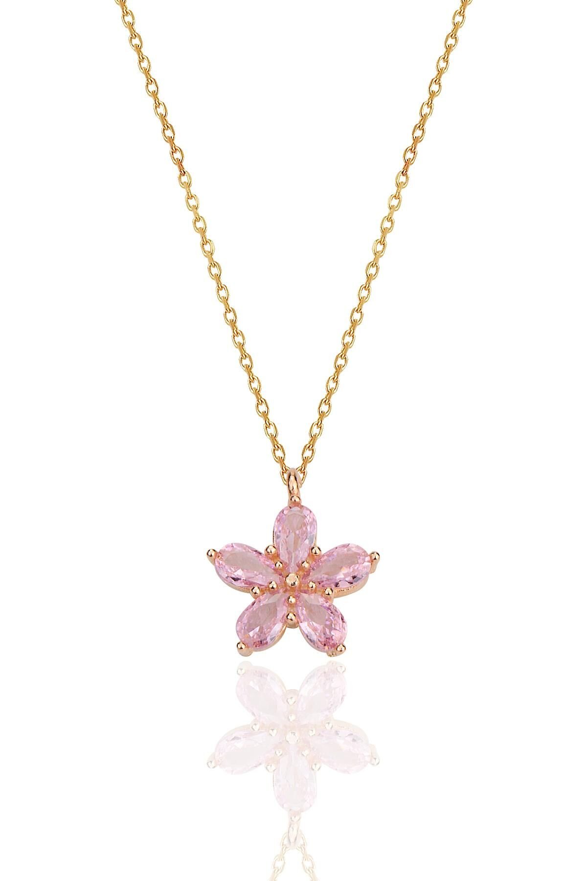 Gümüş rose damla kesim pembe taşlı çiçek kolye SGTL12407PEMBE