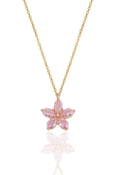 Gümüş rose damla kesim pembe taşlı çiçek kolye SGTL12407PEMBE
