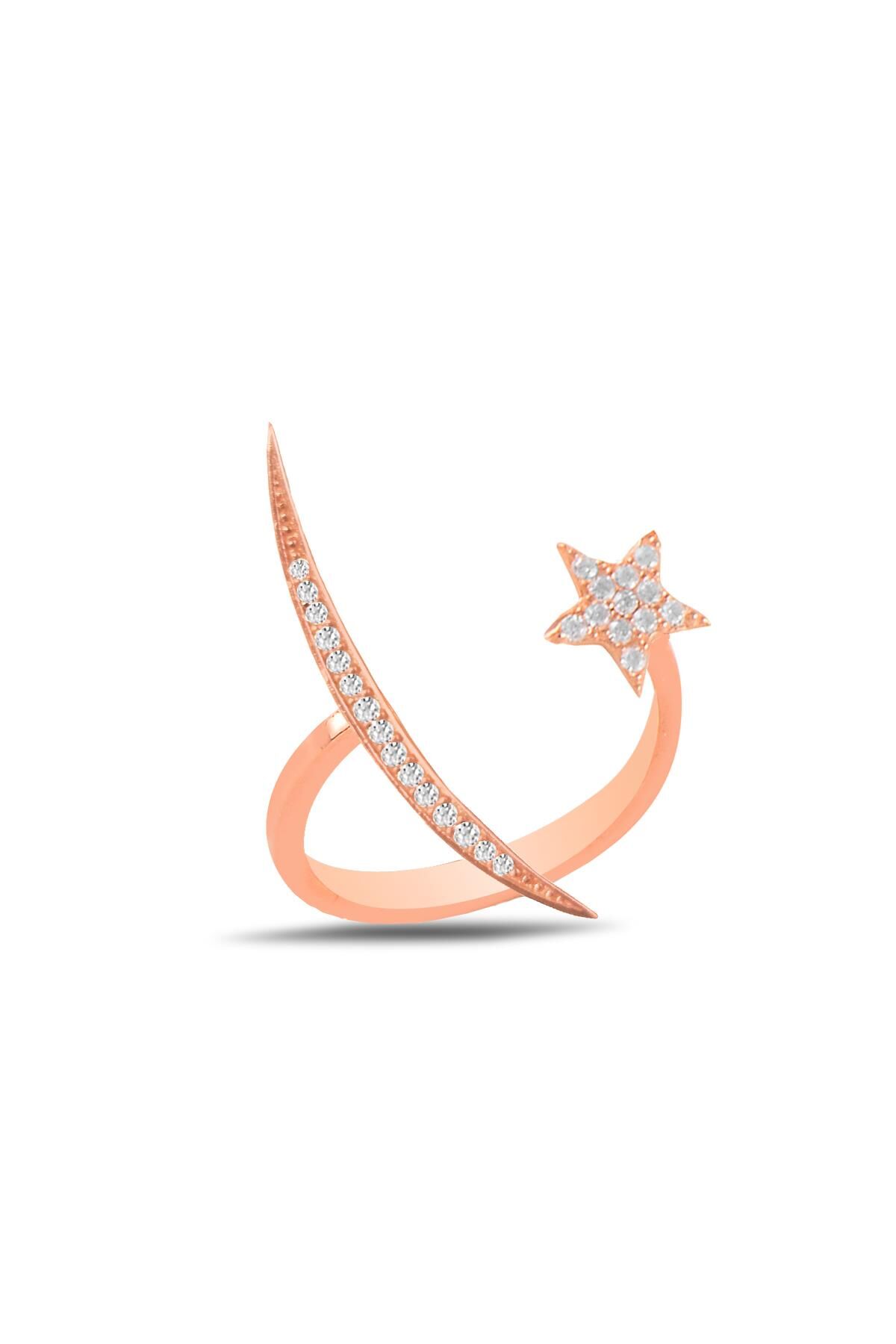Gümüş rose zirkon taşlı üstten ayarlamalı ay yıldız yüzük SGTL11764BEYAZ