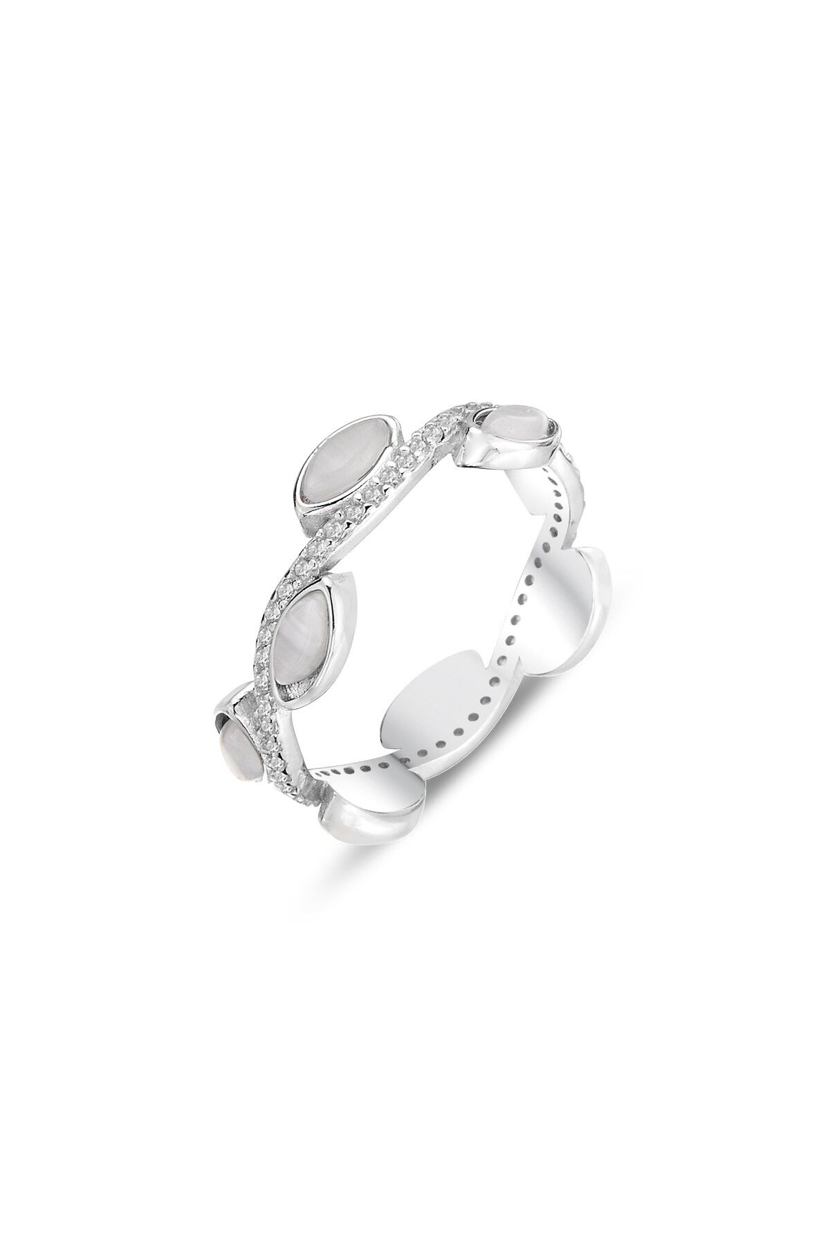 Gümüş rodyumlu zirkon taşlı sedef görünümlü sarmaşık modeli tamtur yüzük