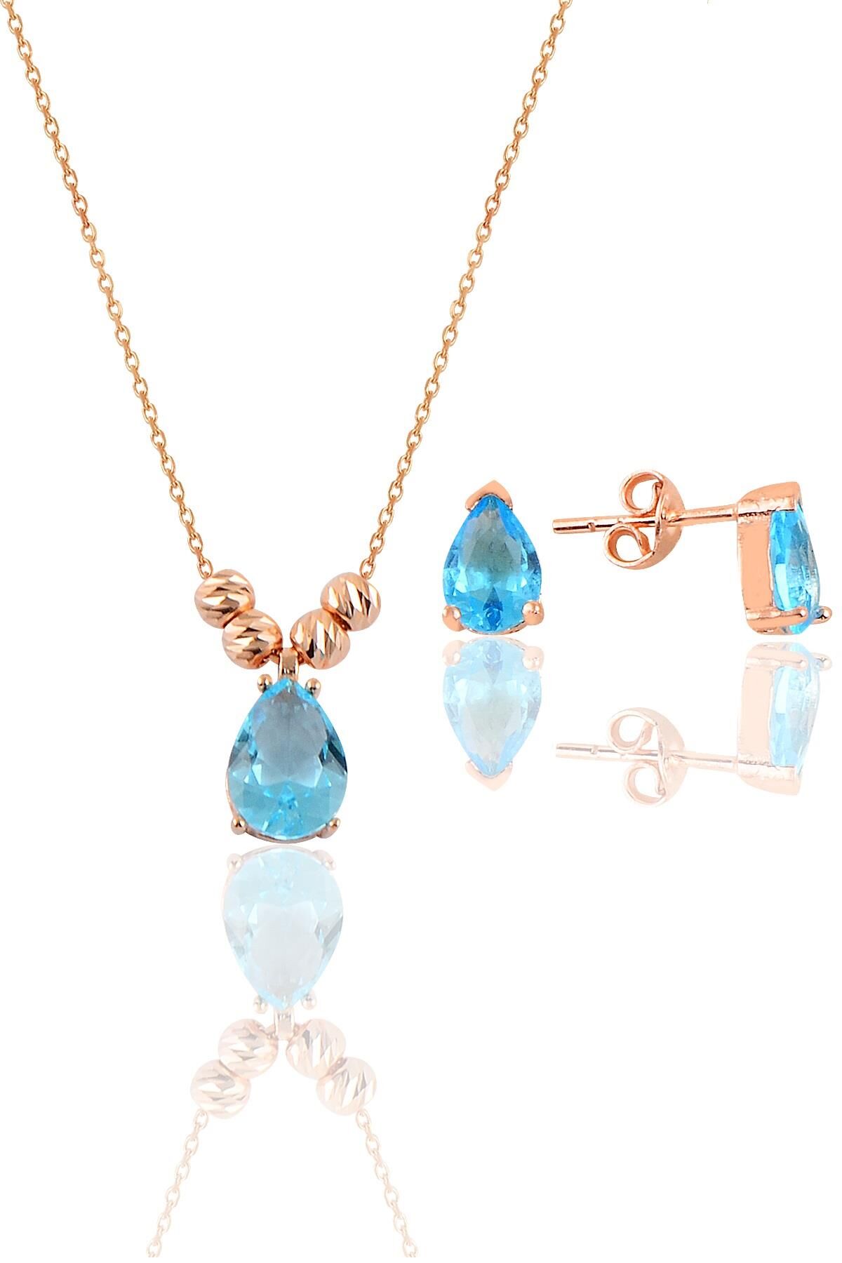 Gümüş rose akuamarin renkli dorica damla kolye ve çivi modeli küpe seti  SGTL11416MAVI