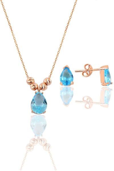 Gümüş rose akuamarin renkli dorica damla kolye ve çivi modeli küpe seti  SGTL11416MAVI