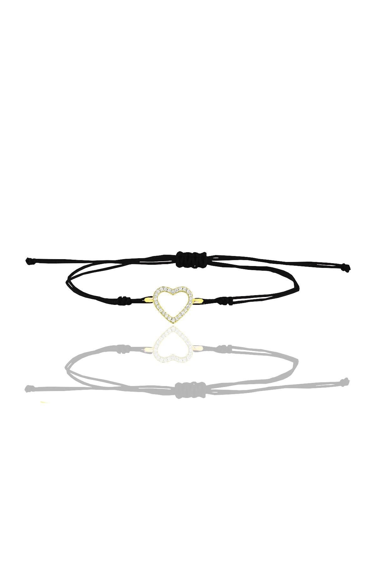 Gümüş altın yaldızlı zirkon taşlı siyah ipli kalp bileklik SGTL12412GOLD