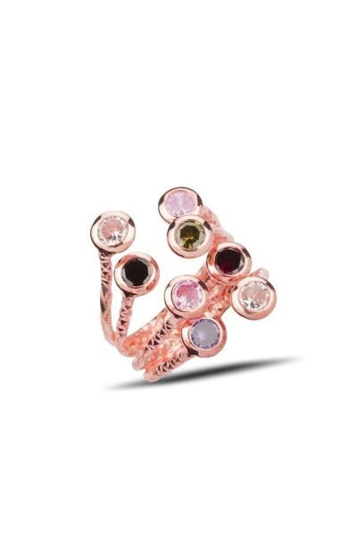 Gümüş rose renkli taşlı üstten ayarlamalı yüzük SGTL11762ROSE