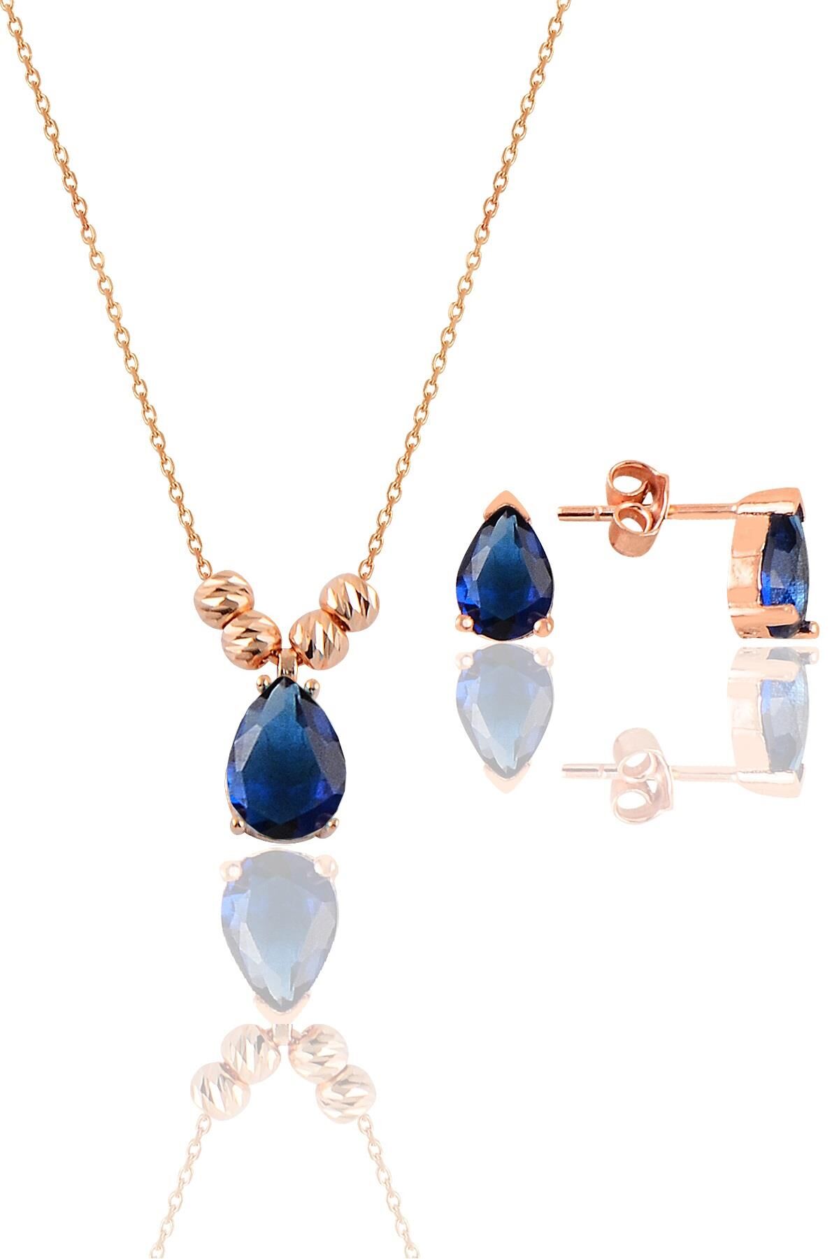 Gümüş rose safir renkli dorica damla kolye ve çivi modeli küpe seti  SGTL11416LACIVERT