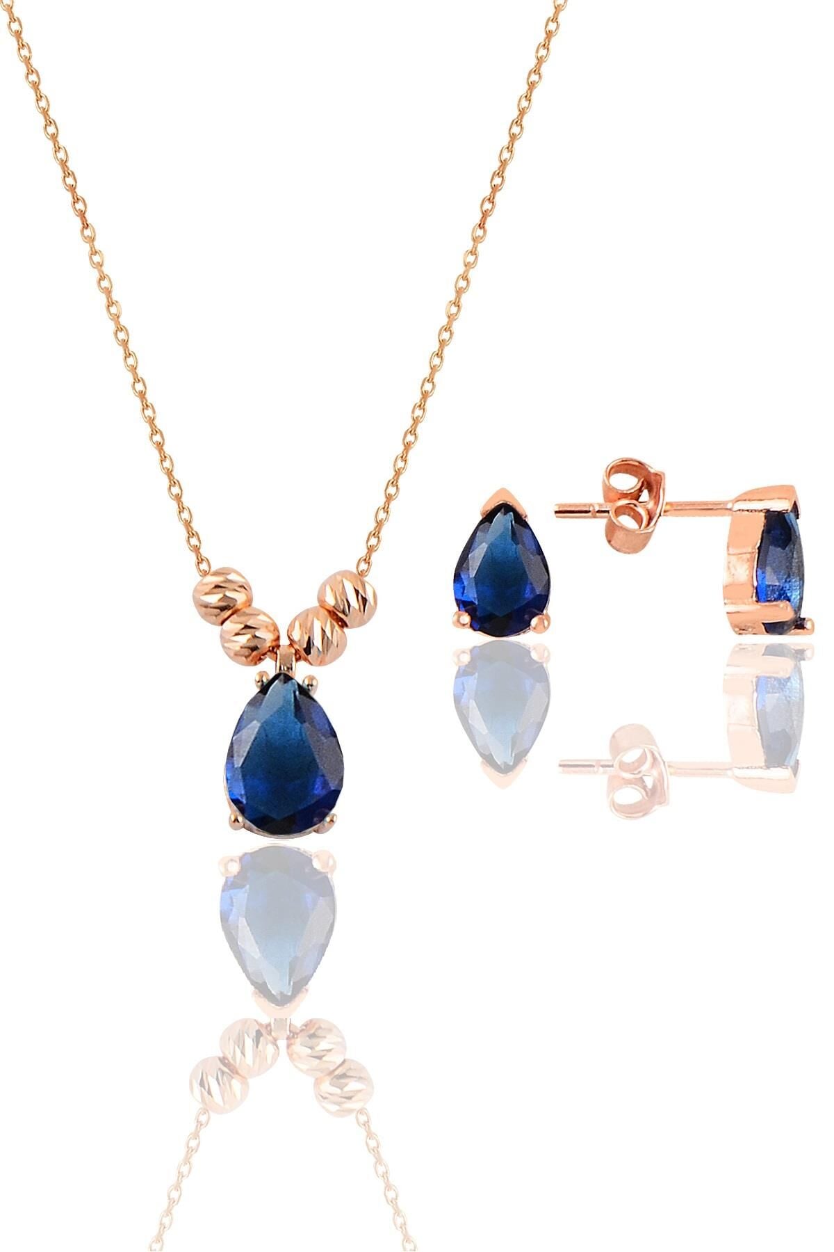 Gümüş rose safir renkli dorica damla kolye ve çivi modeli küpe seti  SGTL11416LACIVERT