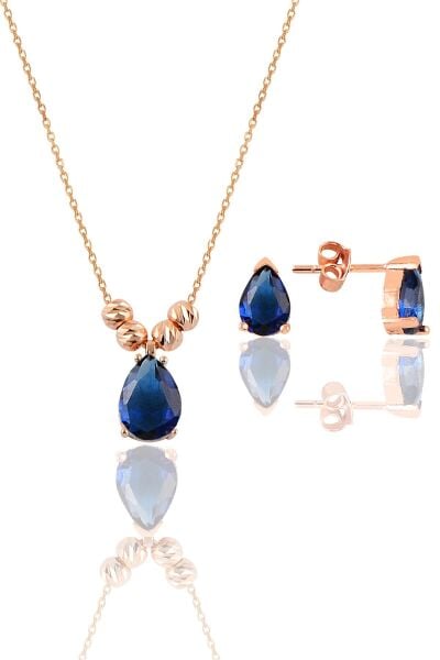 Gümüş rose safir renkli dorica damla kolye ve çivi modeli küpe seti  SGTL11416LACIVERT
