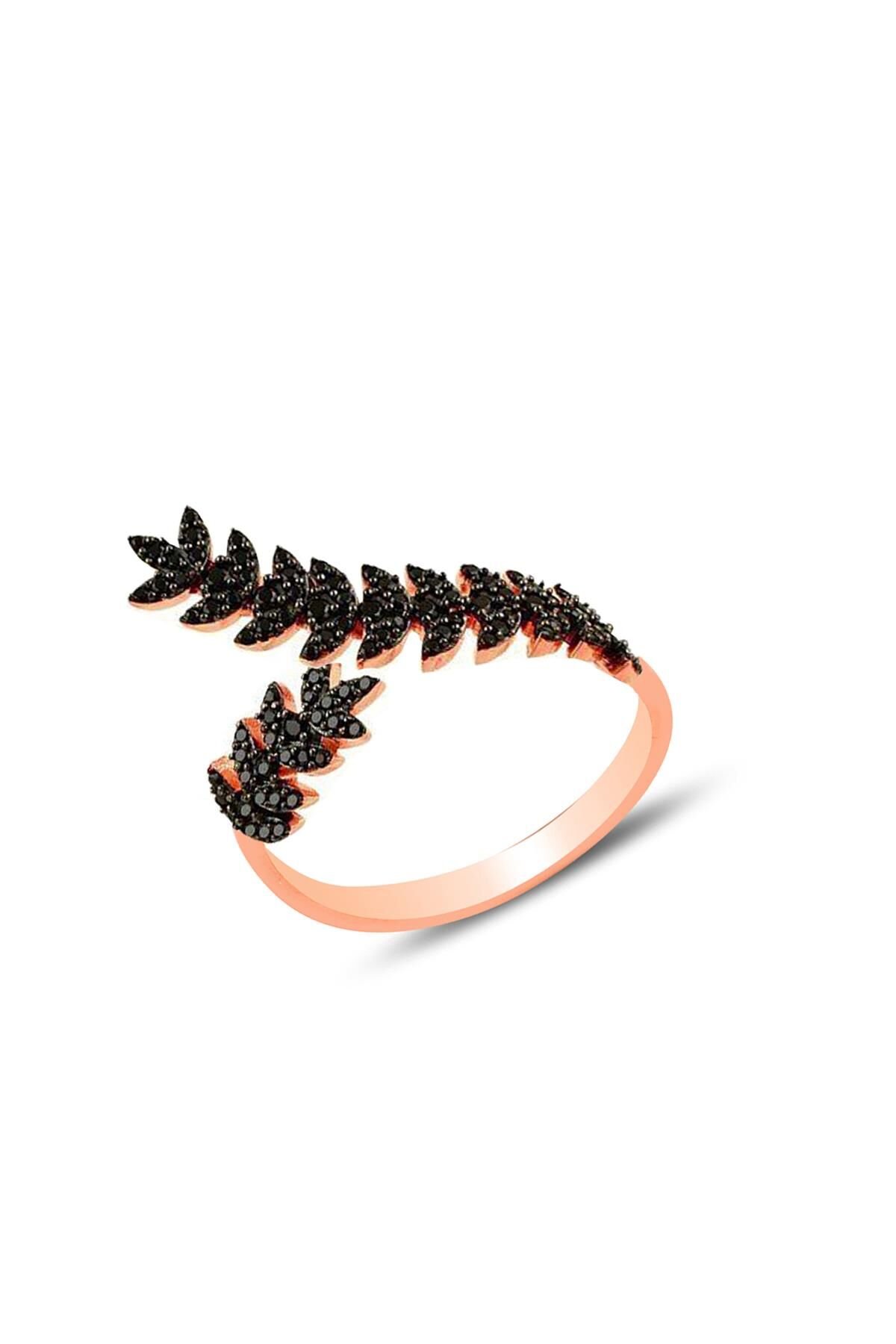 Gümüş rose siyah taşlı yaprak yüzük SGTL11761SIYAH