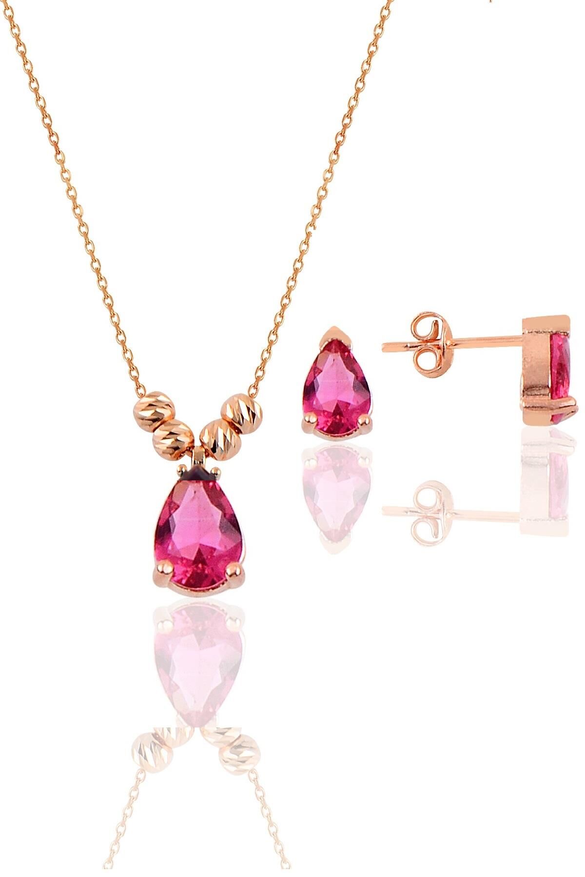 Gümüş rose yakut renkli dorica damla kolye ve çivi modeli küpe seti  SGTL11416KIRMIZI