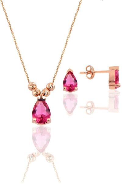 Gümüş rose yakut renkli dorica damla kolye ve çivi modeli küpe seti  SGTL11416KIRMIZI