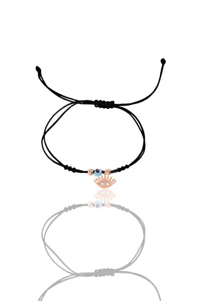 Gümüş rose zirkon taşlı nazarlı kirpikli göz siyah ipli şans bileklik SGTL12460ROSE