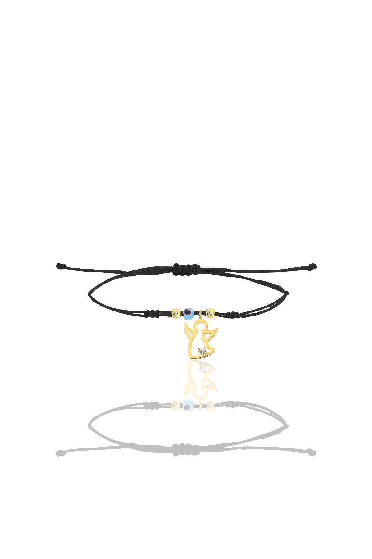 Gümüş altın yaldızlı zirkon taşlı nazarlı kanat siyah ipli şans bileklik SGTL12461GOLD