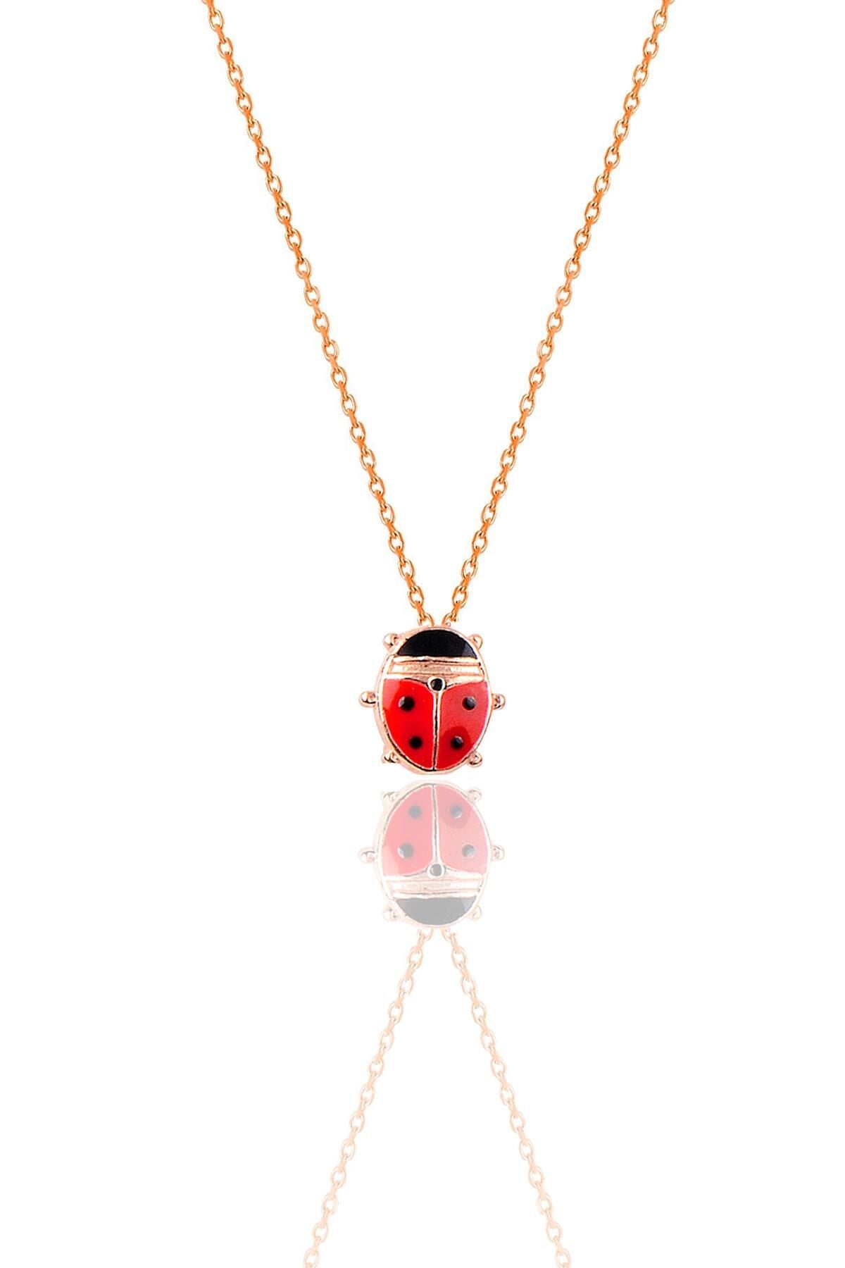 Gümüş rose mineli uğur böceği kolye SGTL11759ROSE