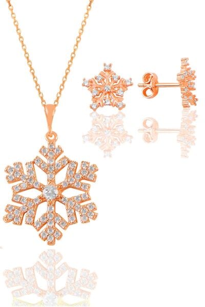 Gümüş  rose zirkon taşlı kar tanesi kolye ve küpe seti SGTL11414ROSE