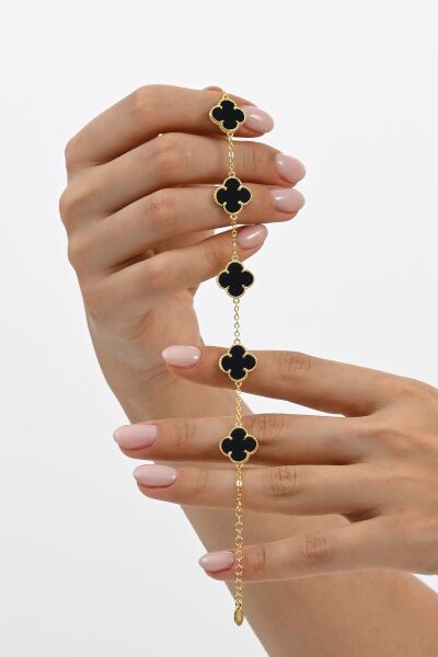 925 Ayar gümüş altın yaldızlı malakit (malahit) taşlı beş motifli gümüş yonca bileklik SGTL13107YESIL