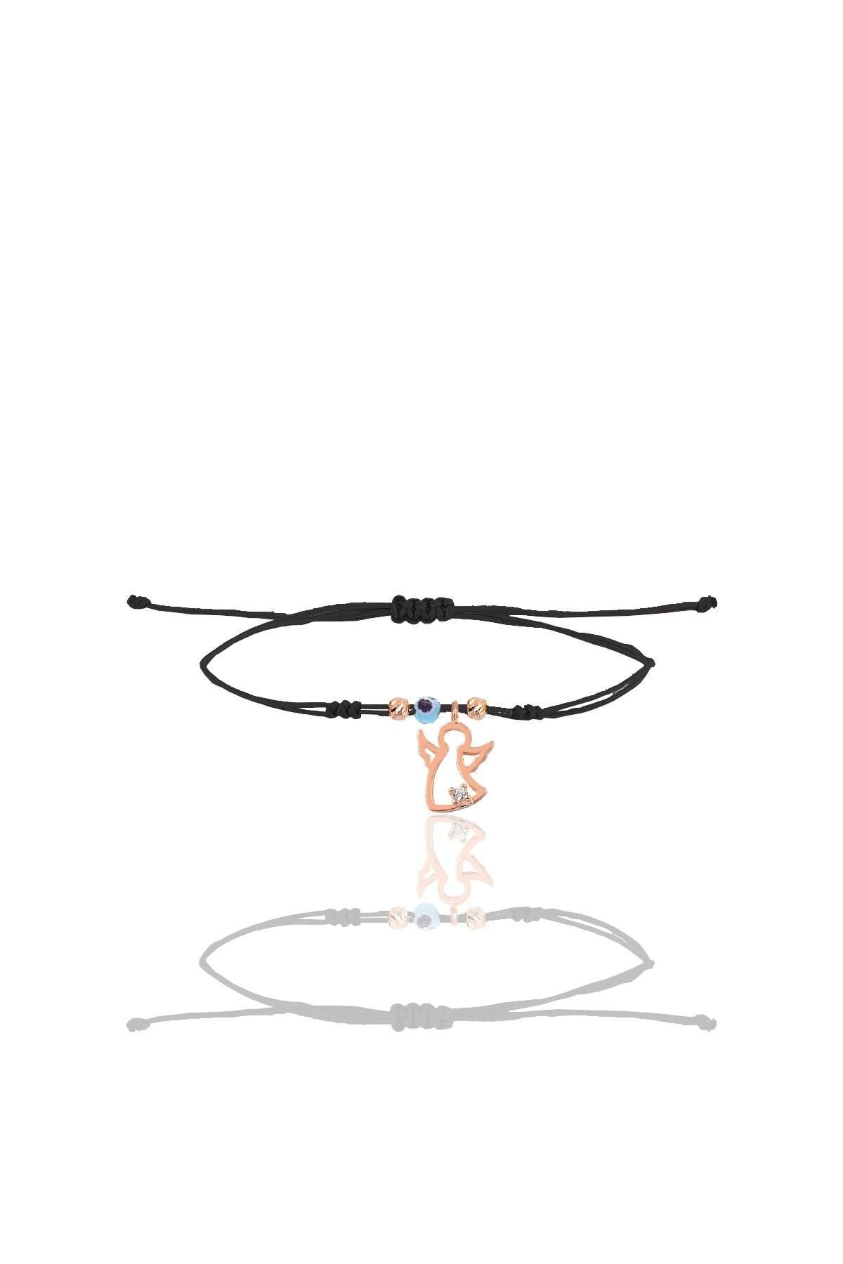 Gümüş rose zirkon taşlı nazarlı kanat siyah ipli şans bileklik SGTL12461ROSE