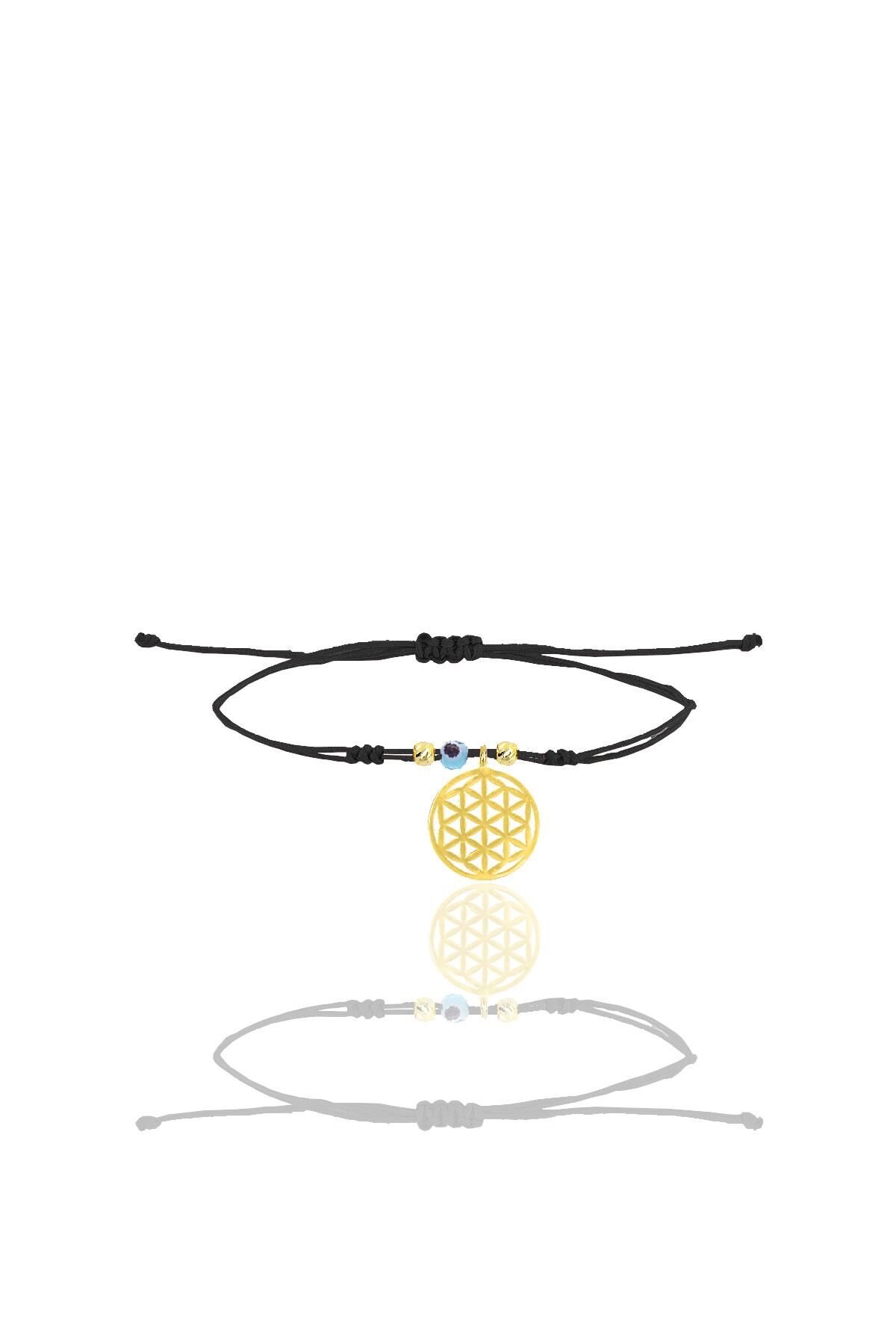 Gümüş altın yaldızlı nazarlı yaşam çiçeği siyah ipli şans bileklik SGTL12462GOLD