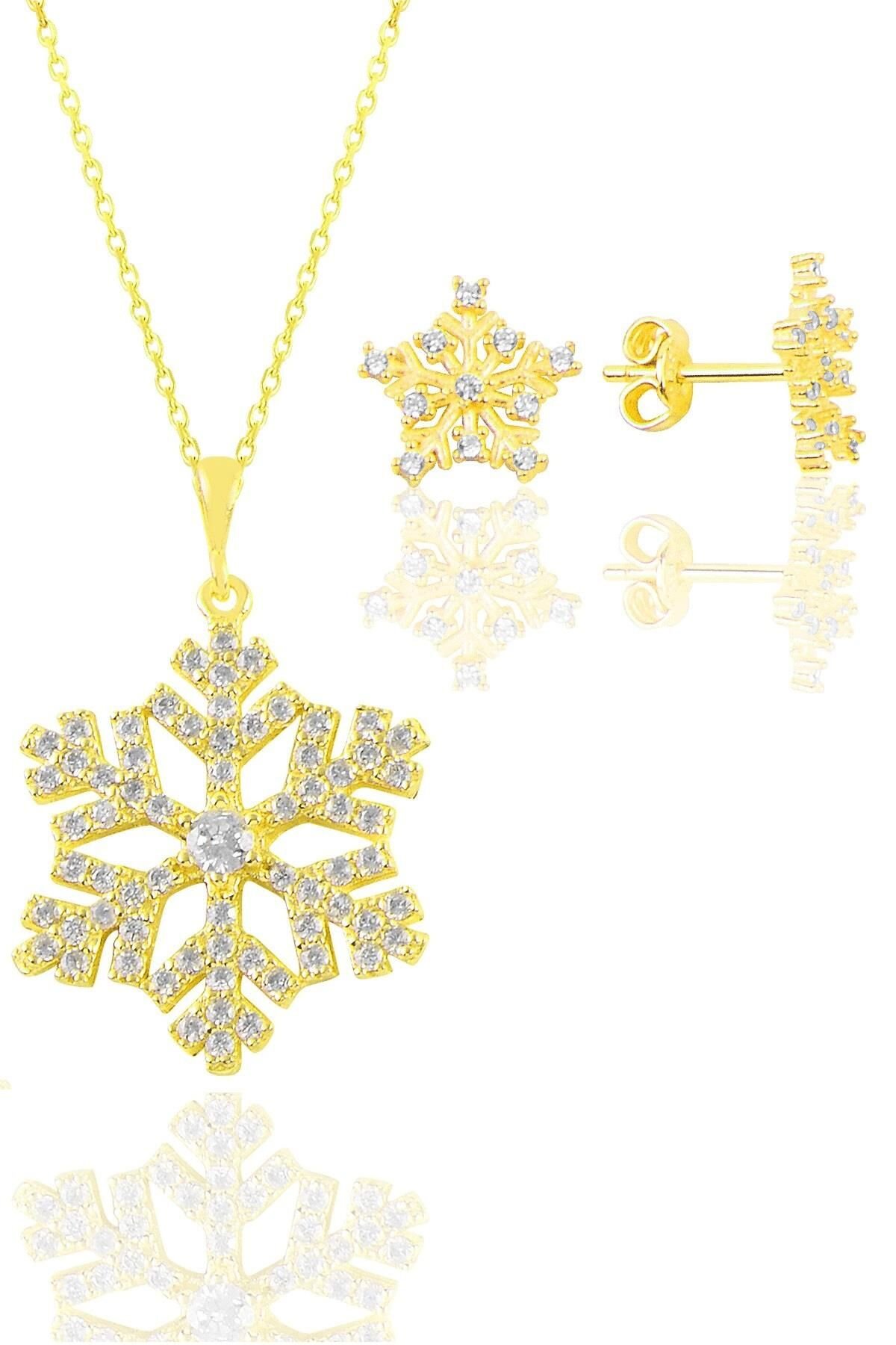 Gümüş  altın yaldızlı zirkon taşlı kar tanesi kolye ve küpe seti SGTL11414GOLD