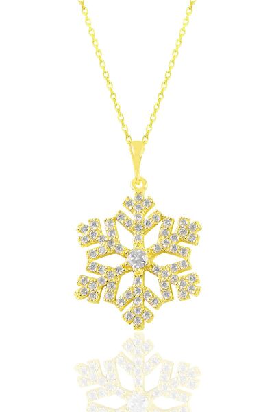 Gümüş  altın yaldızlı zirkon taşlı kar tanesi kolye ve küpe seti SGTL11414GOLD