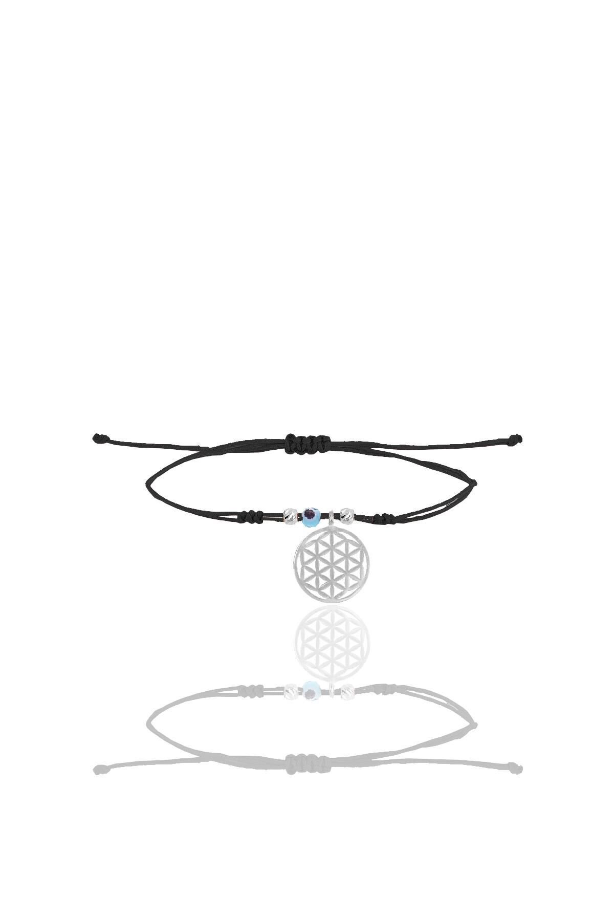 Gümüş rodyumlu nazarlı yaşam çiçeği siyah ipli şans bileklik SGTL12462RODAJ