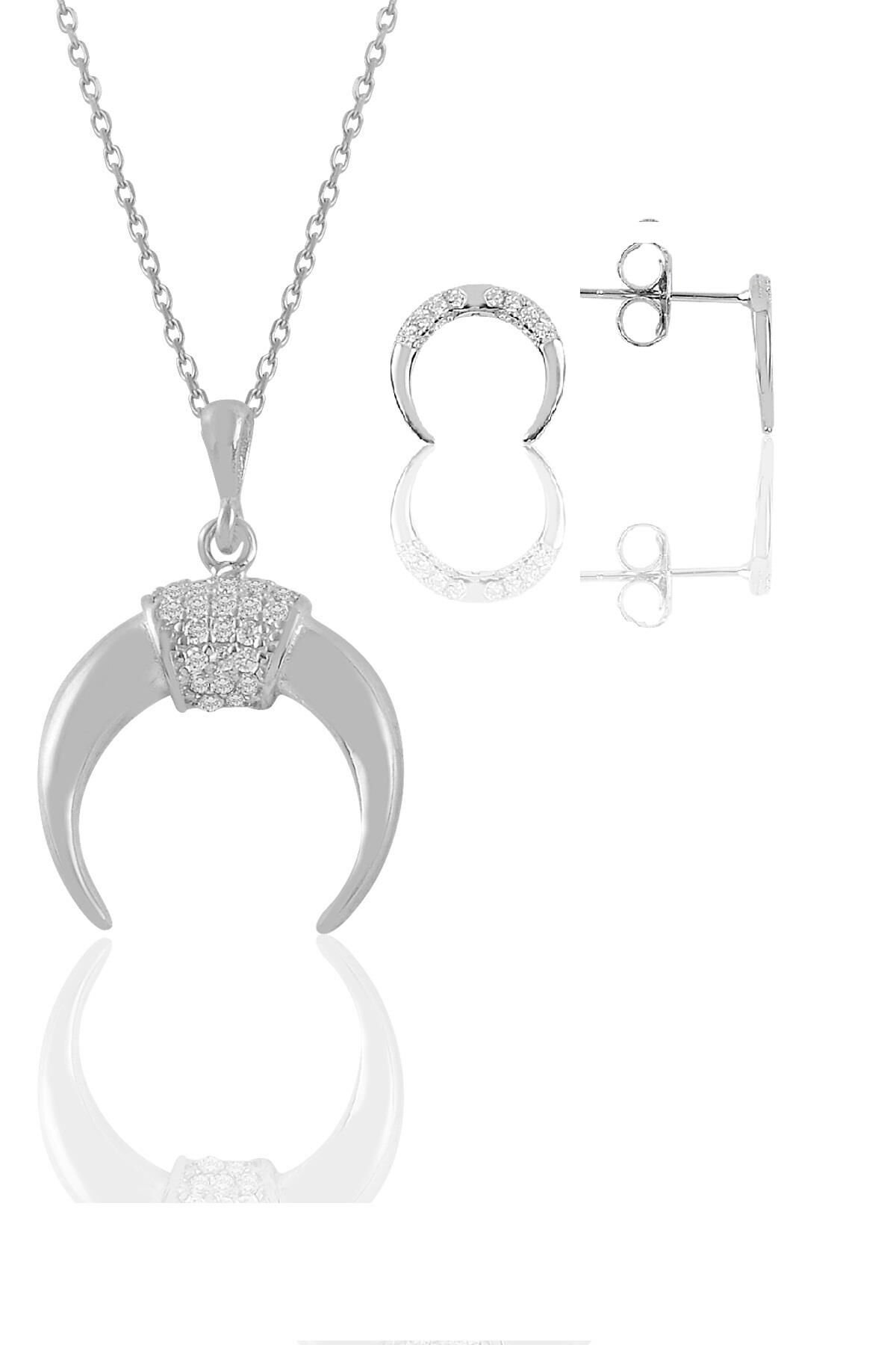 Gümüş rodyumlu zirkon taşlı ters  hilal kolye ve küpe seti SGTL11413RODAJ