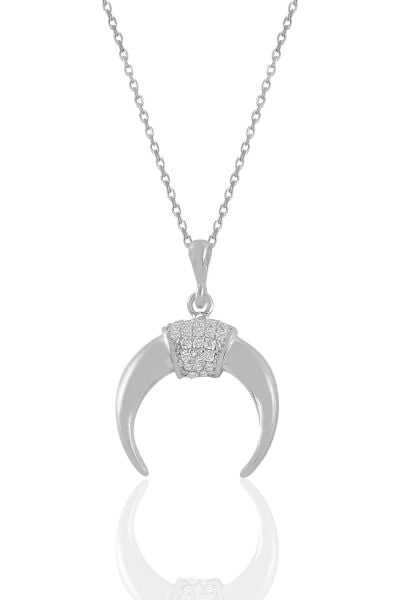 Gümüş rodyumlu zirkon taşlı ters  hilal kolye ve küpe seti SGTL11413RODAJ