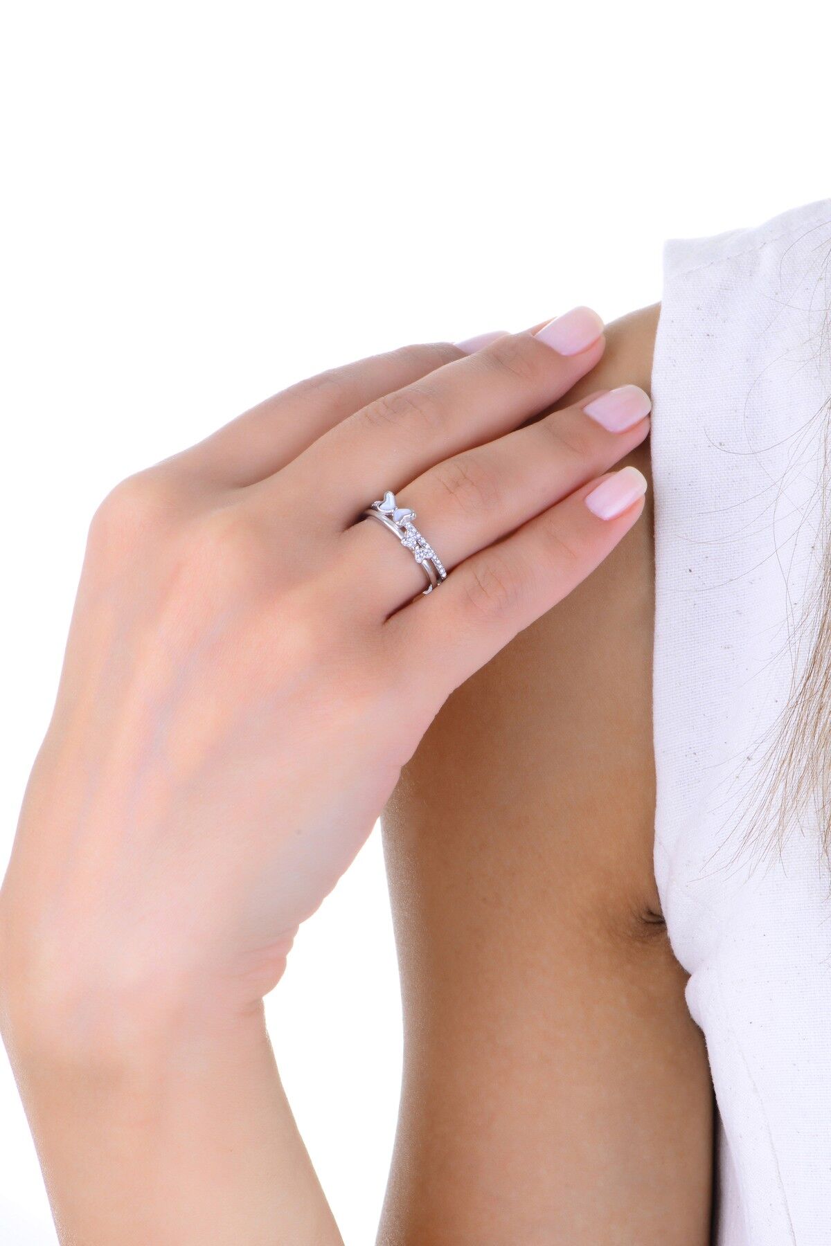 Gümüş rodyumlu zirkon ve sedef taşlı aşk kelebekleri yüzük