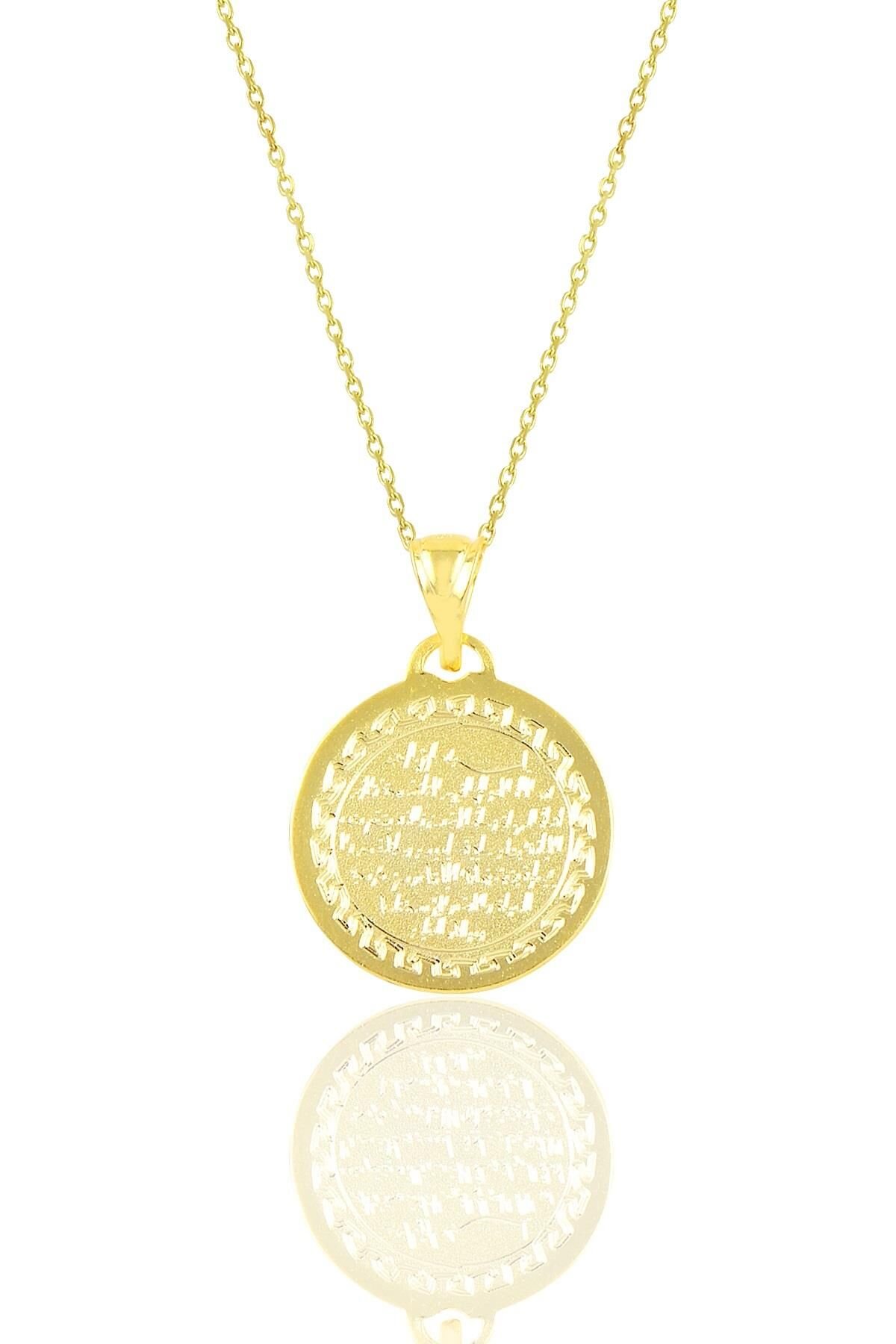 Gümüş altın yaldızlı  Ayetel kürsü yazılı plaka kolye SGTL9068GOLD