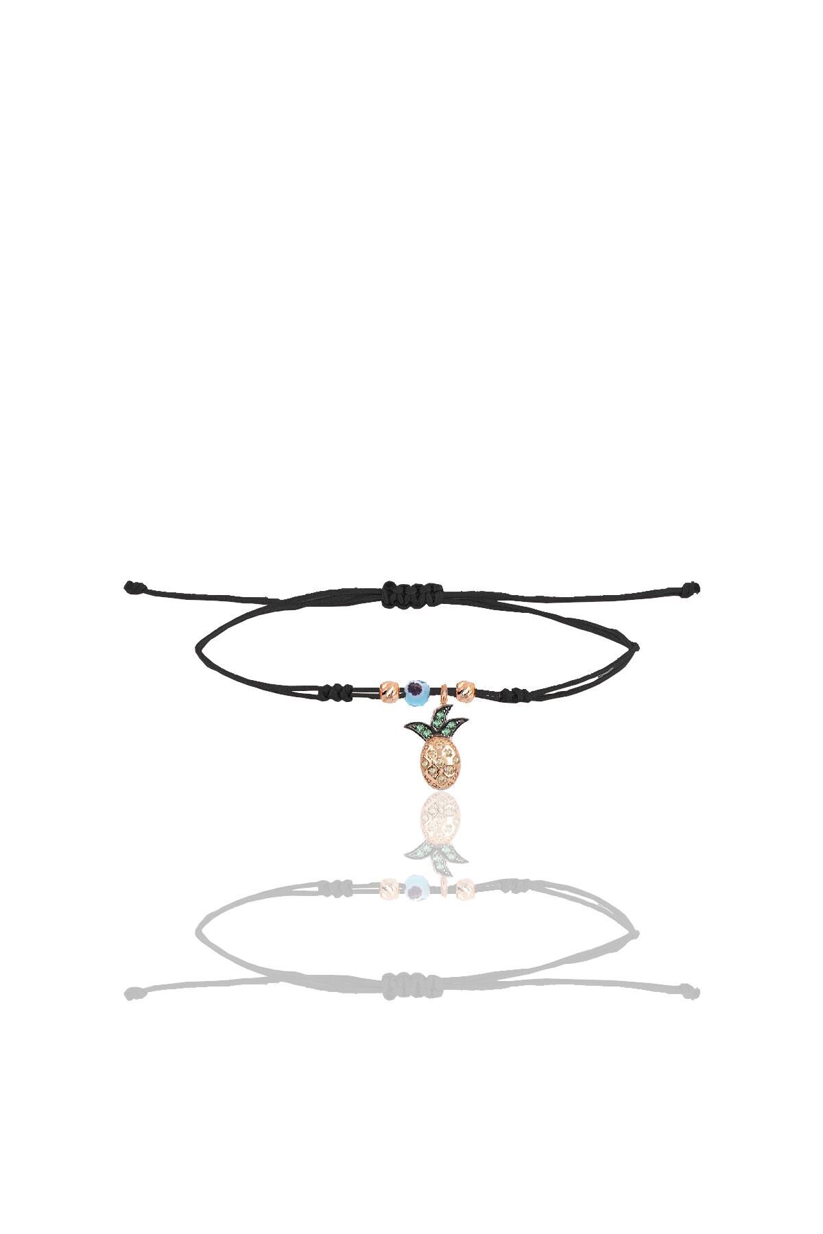 Gümüş rose zirkon taşlı nazarlı ananas siyah ipli şans bileklik SGTL12464ROSE