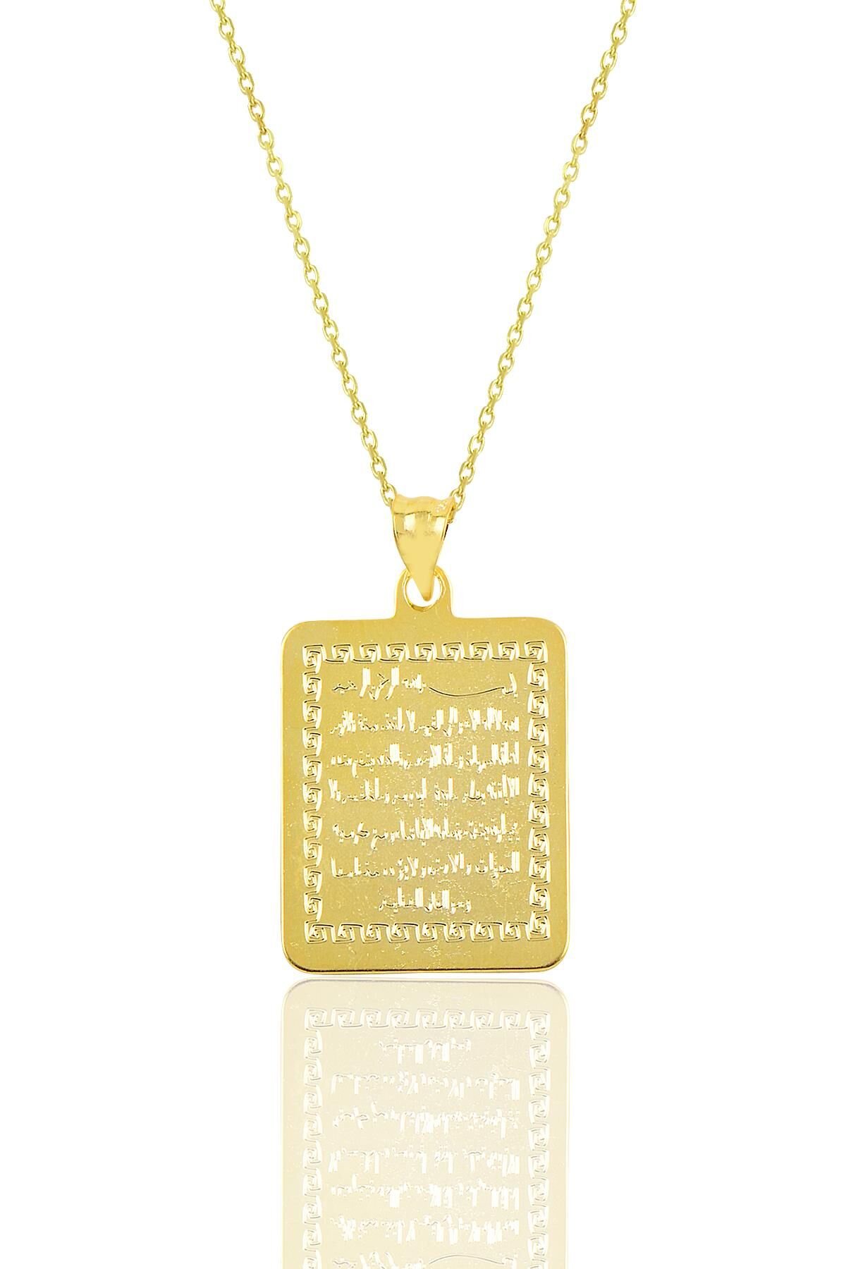 Gümüş altın yaldızlı 60 cm zincirli Ayetel kürsü yazılı plaka kolye SGTL9072GOLD