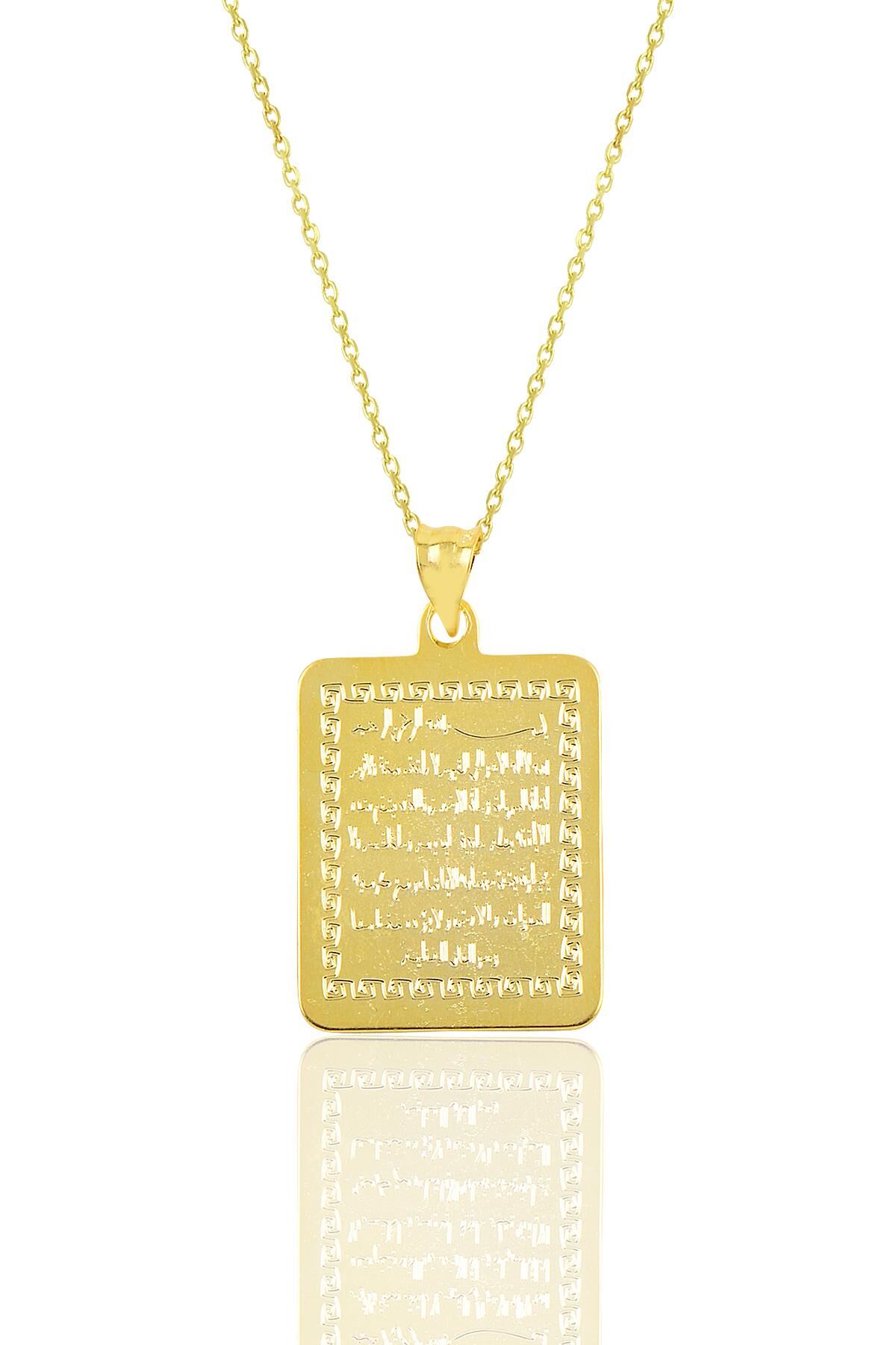 Gümüş altın yaldızlı 60 cm zincirli Ayetel kürsü yazılı plaka kolye SGTL9072GOLD