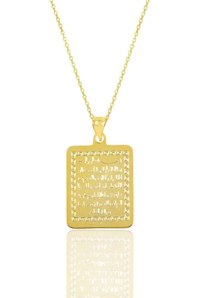 Gümüş altın yaldızlı 60 cm zincirli Ayetel kürsü yazılı plaka kolye SGTL9072GOLD