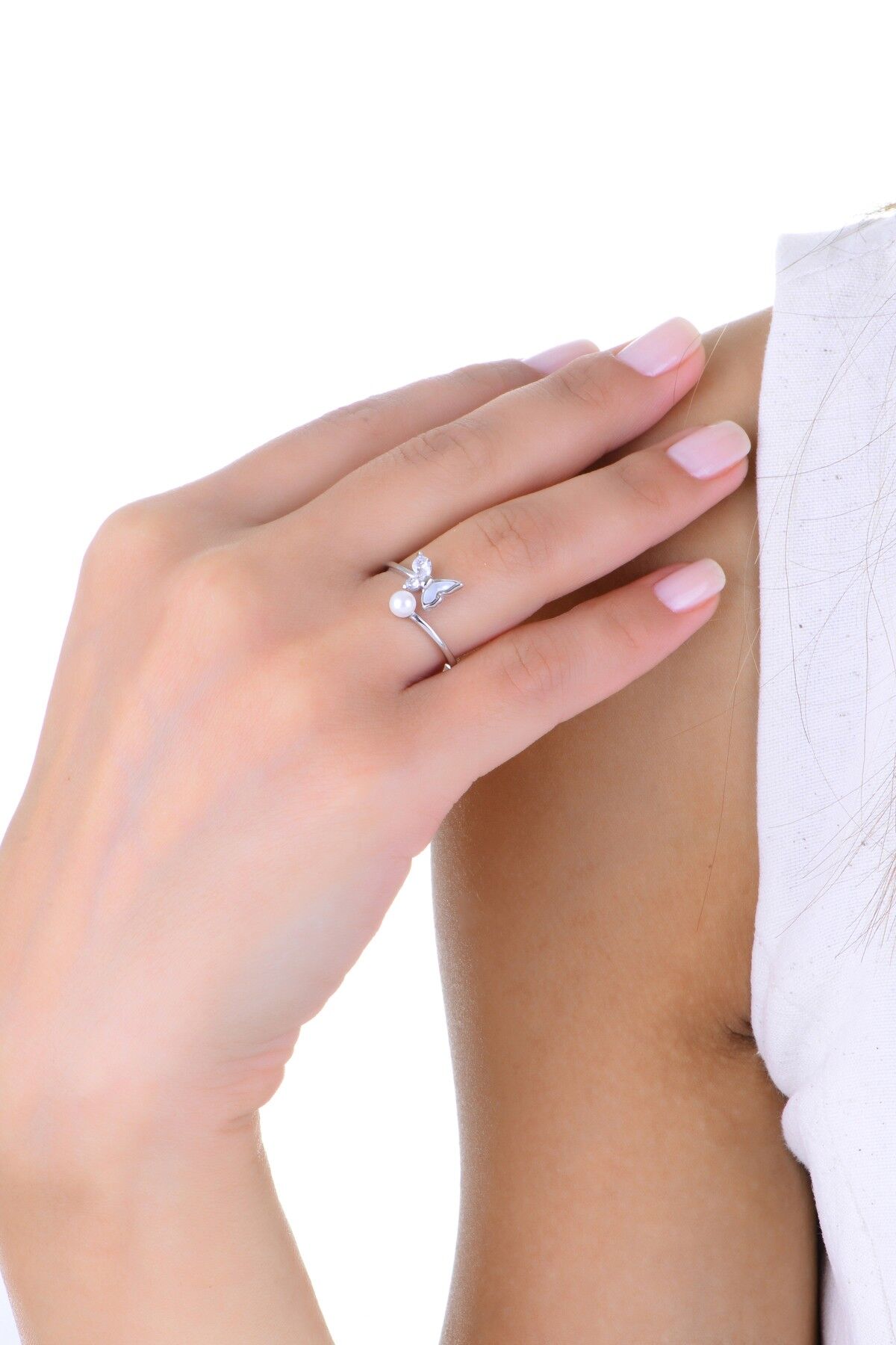 Gümüş rodyumlu inci,zirkon ve sedef taşlı ayarlamalı kelebek yüzük