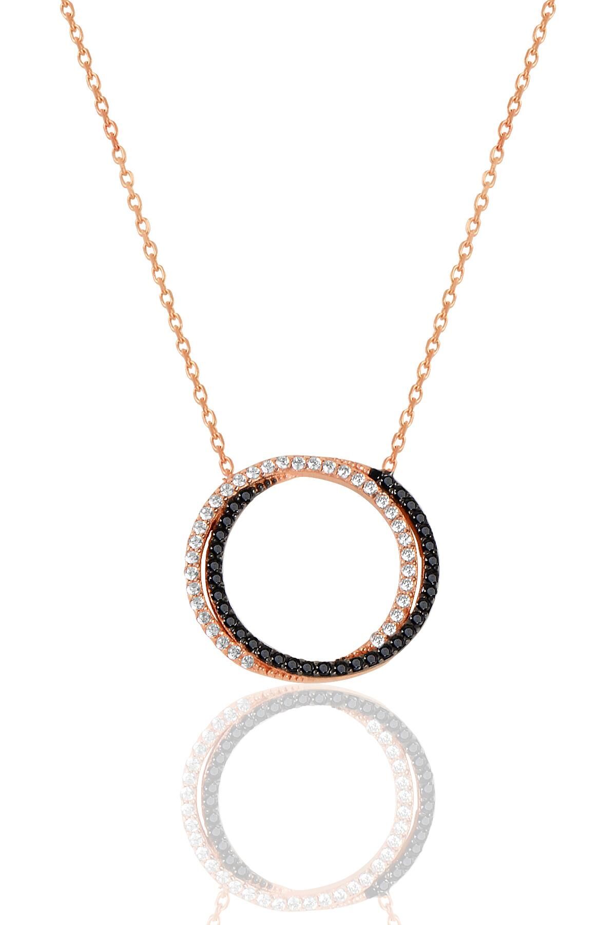 Gümüş rose zirkon ve onix taşlı halkalı bihter kolye  SGTL11423ROSE