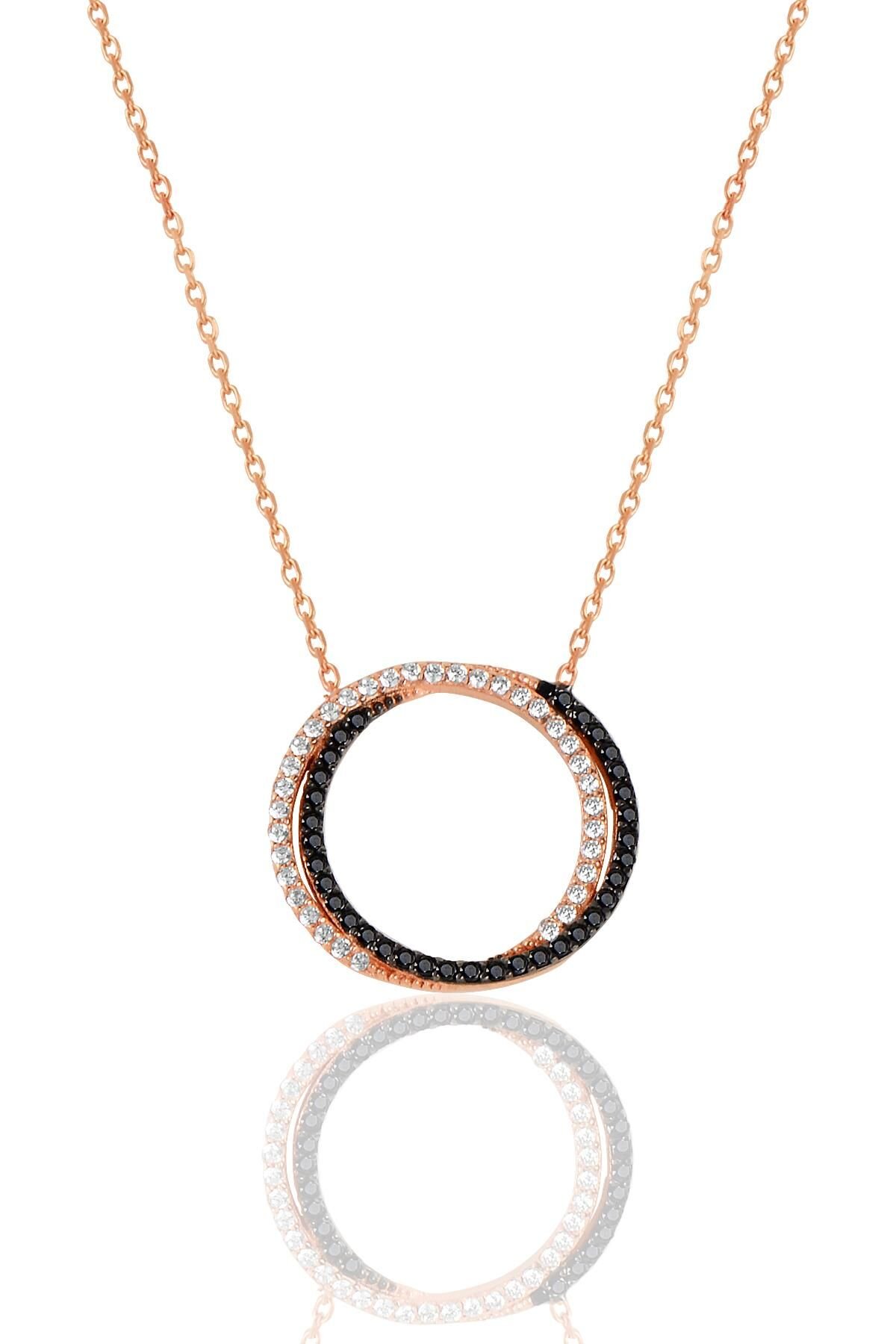 Gümüş rose zirkon ve onix taşlı halkalı bihter kolye  SGTL11423ROSE