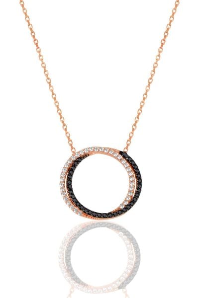 Gümüş rose zirkon ve onix taşlı halkalı bihter kolye  SGTL11423ROSE